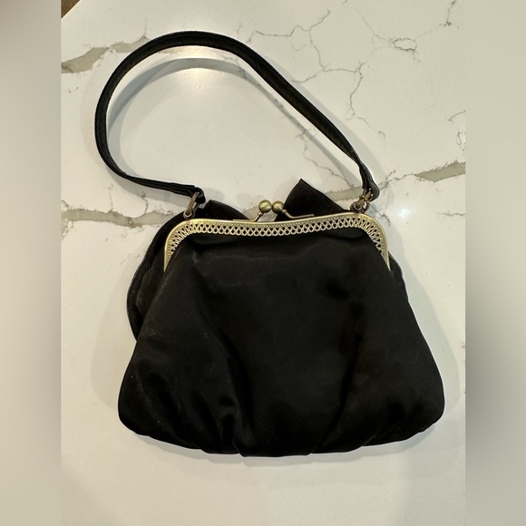 VTG Jeanne Lottie Black Satin Gold Trim and Jeweled Large Bow Strap Small Purse - Picture 2 of 6